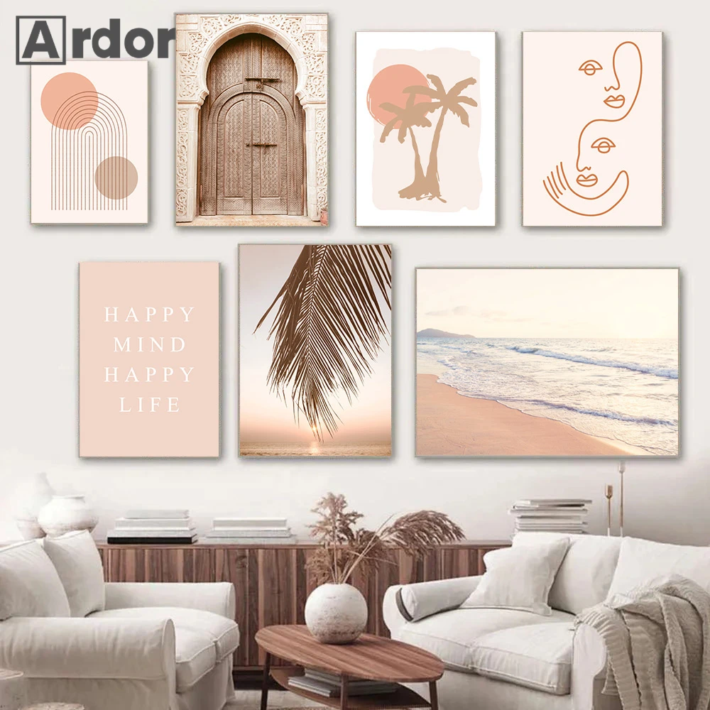 Абстрактный постер на холсте в стиле бохо с изображением солнца пальмовых