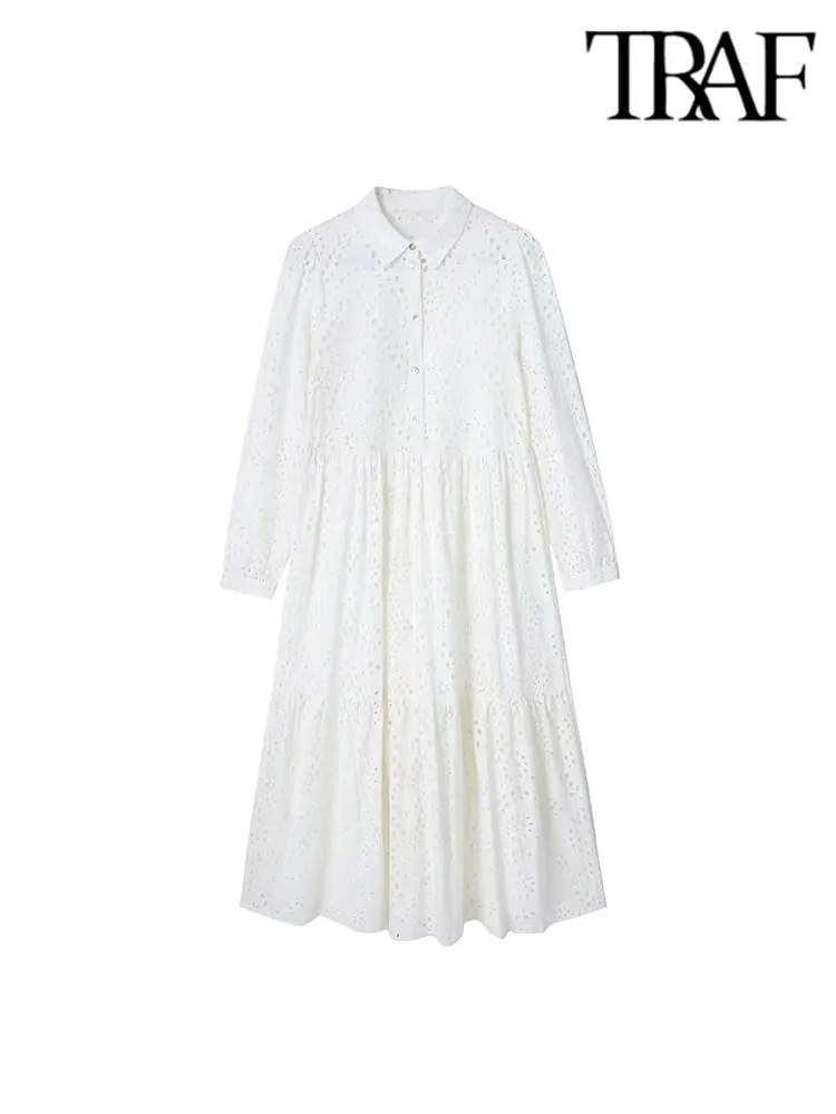 

TRAF Boho Dresses For Women 2023 Cutwork Embroidery Dress Long Sleeve Buttoned Cotton White Midi Dress