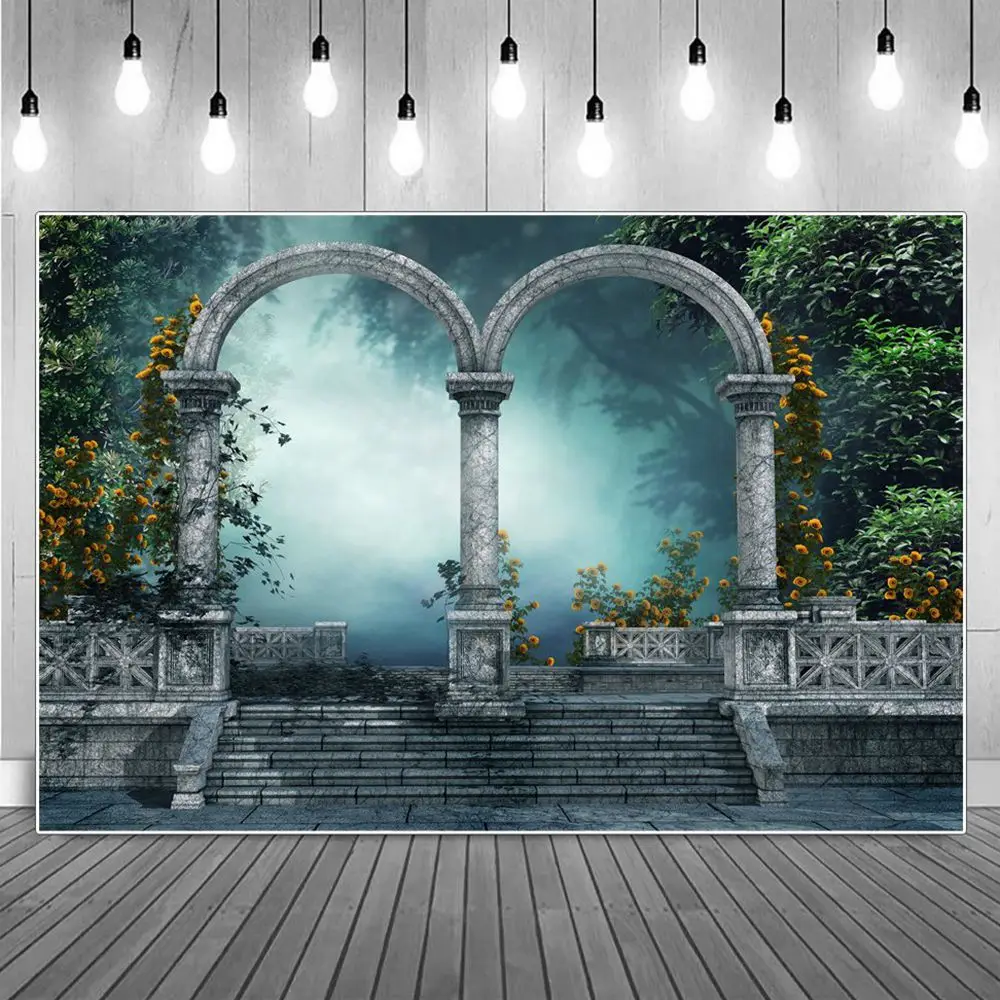 

Fairy Forest Spell M Door Birthday Party Photography Backdrops Kids Retro Bricks Corridor Stairway Fog Photographic Backgrounds