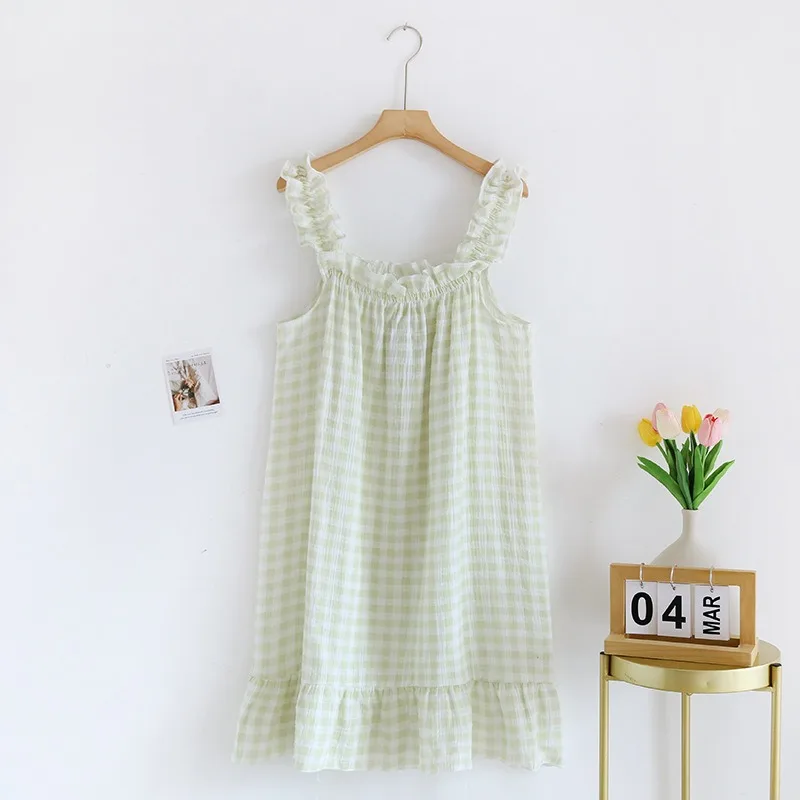 New Summer Women's Suspended Dress 100% Cotton Crepe Sleeping Dress Ladies Plaid Loose Home Dress Sleepwear Dress Women