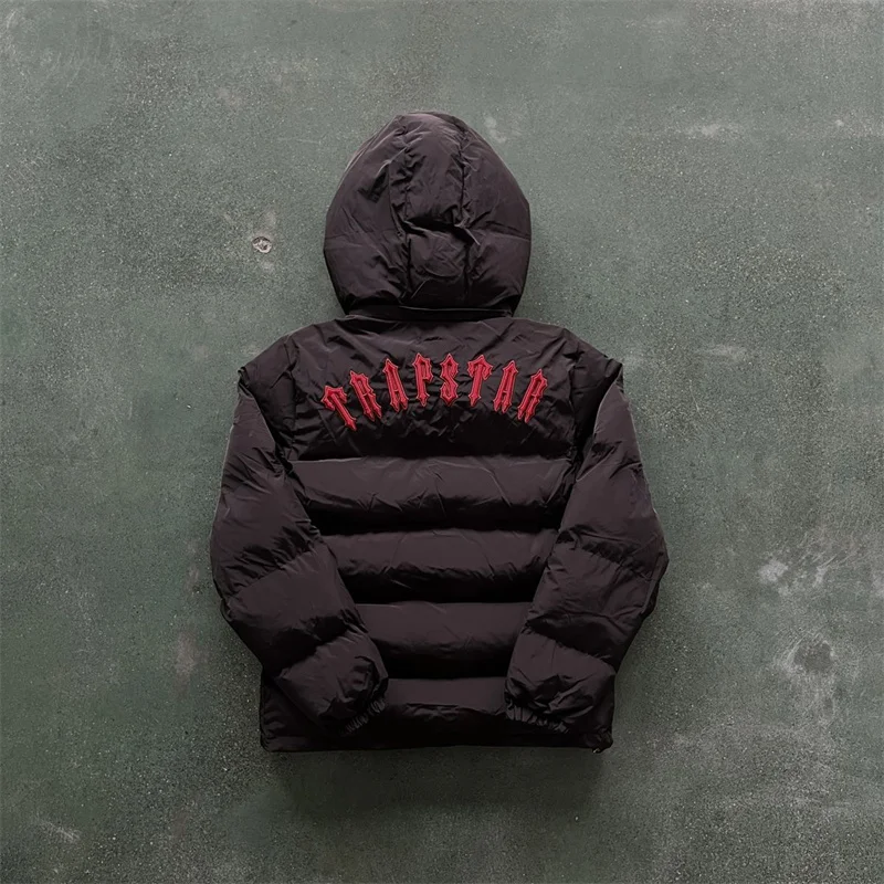 

Trapstar London Designer Hoodie Detachable Hooded Down Jacket - Black Red 1:1 Top Quality Embroidered Letter Coat
