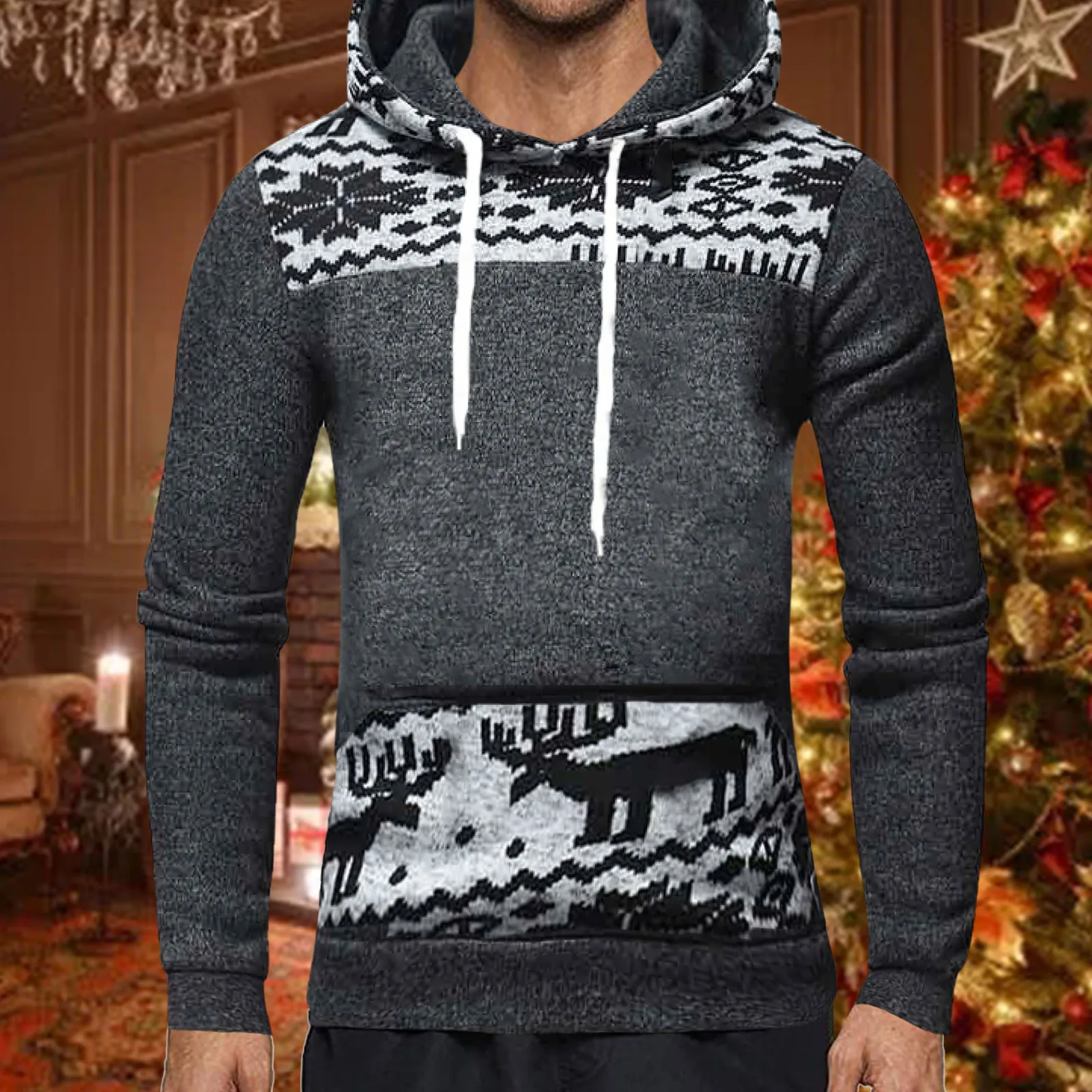 

Men's Fashion Patchwork Printed Long Sleeve Tether Hooded Christmas Pullover Mens Long Sleeve Shirt College Hoodies