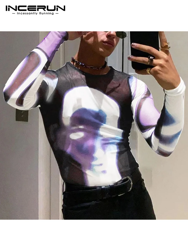 

INCERUN Fashion Casual New Men Tops See-through Mesh T-shirts Sexy Well Fitting Male Stretch Printing Long Sleeve Camiseta S-5XL