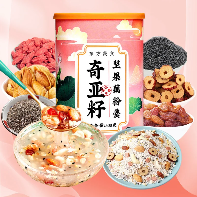 Chia seed nut lotus root powder soup brewed instant food 500g/can without teapot
Chia seed nut lotus root powder soup brewed instant food 500g/can without teapot