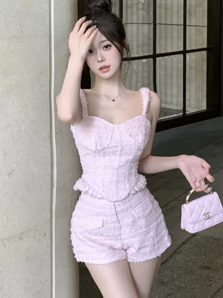 

Женский твидовый костюм из двух предметов, короткий топ и шорты, комплект из двух предметов в Корейском стиле