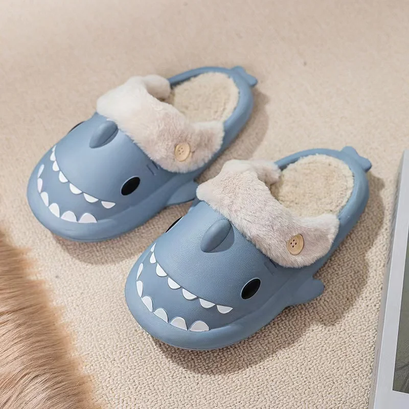 SENDNAKAI New Detachable Shark EVA Cotton Drag Waterproof and Anti slip Couple Home Warmth Plush Cotton Shoes Soft Sole Silent