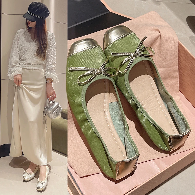 Женские туфли с бантом 2025 г. женская обувь балетки на плоской подошве квадратным