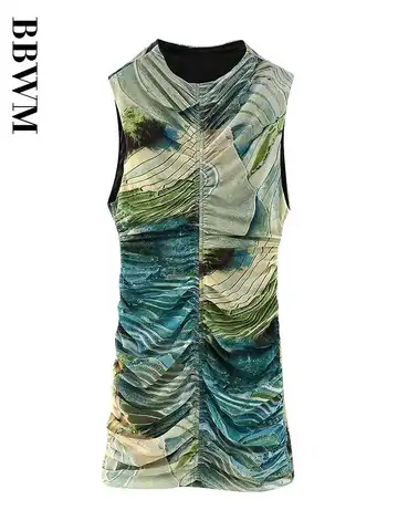 Women 2023 Summer Dress Ruched Printed Silk Tulle Short Dresses Women Vintage Sleeveless Dress Chic Female Casual Party Dresses