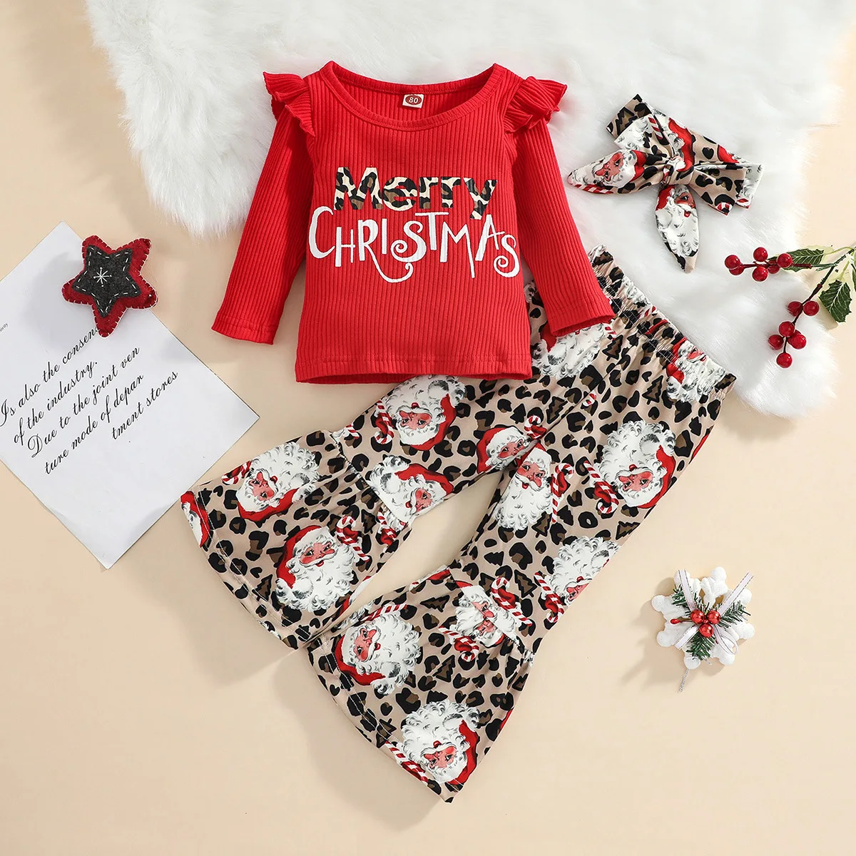 

2022 Kids Boutique Toddler Girl Christmas Outfit 2 Piece Set Rib Cotton Xmas Wear Baby Designer Clothes Bell Bottoms