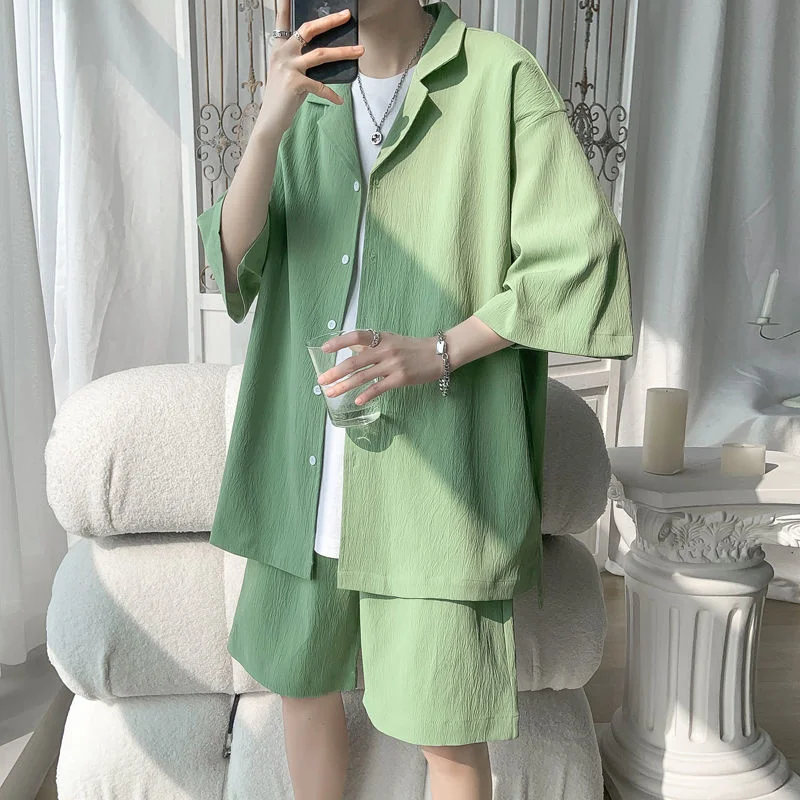 

NoEstaMal Men's Solid Color Short Sleeve Shirt Set Summer Fashion Casual Two Piece Shorts Shirt Suit Oversize Men's Clothing