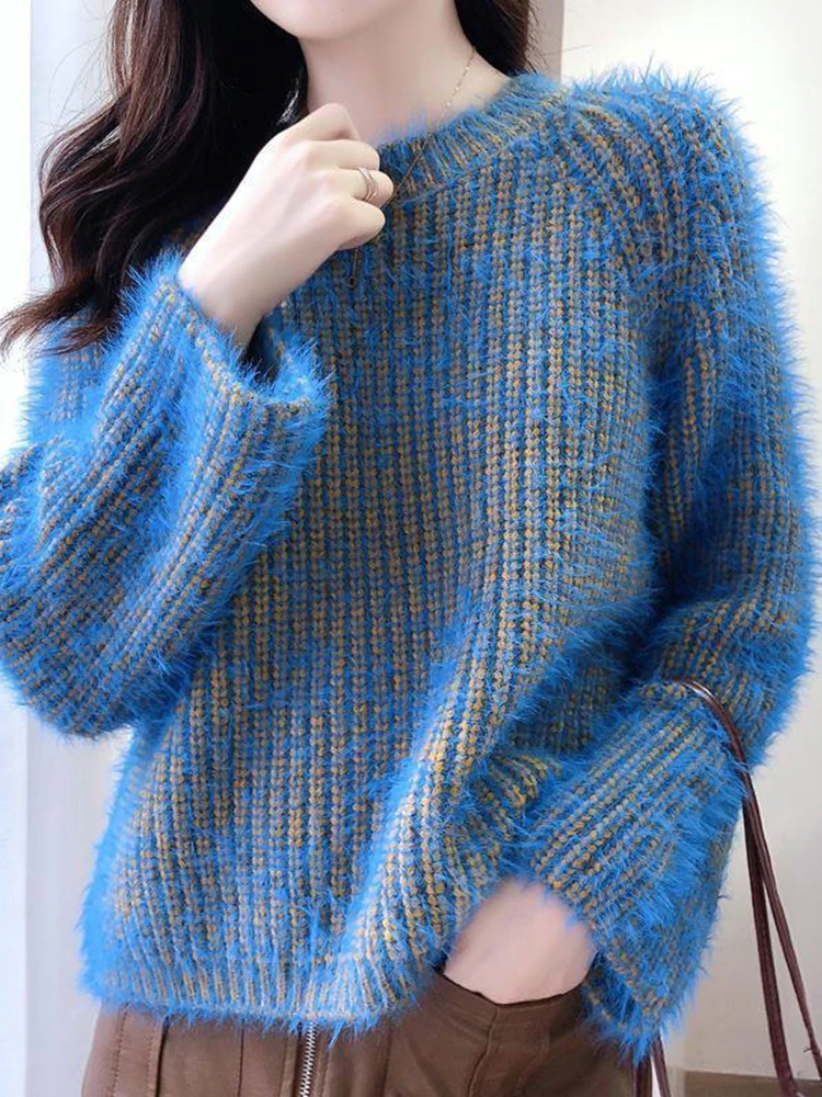 

Zoki Vintage Japan Blue Knitted Sweater Women Simple O Neck Jumper Fall Winter Lazy Wind Retro Office Lady Long Sleeve Tops New