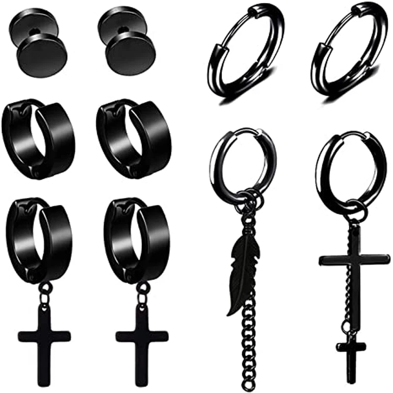 

10 Pieces Stainless Steel Cross Earrings Studs Hoop Long Chain Feather Dangle Earrings for Men and Women Black