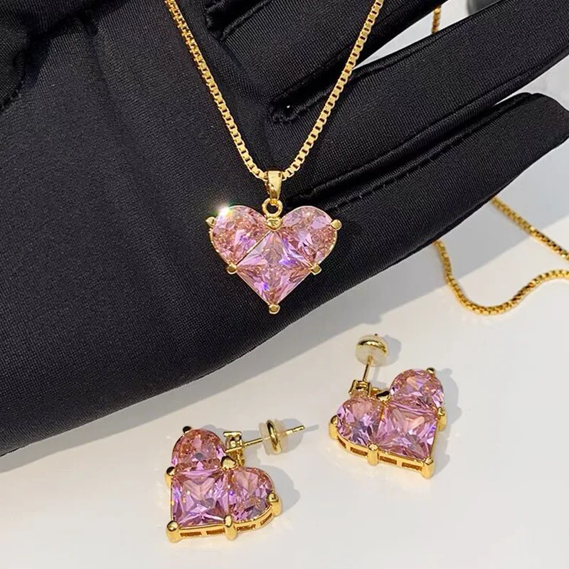 

European and American Pink Color Zirconia Love Jewelry Set Luxury Necklace Women Earrings Jewelry Accessories Free Shipping