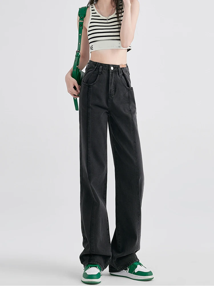 

Черные прямые джинсы женские весна-лето 2023 новые свободные широкие брюки с высокой талией винтажные джинсы повседневные для улицы стиль