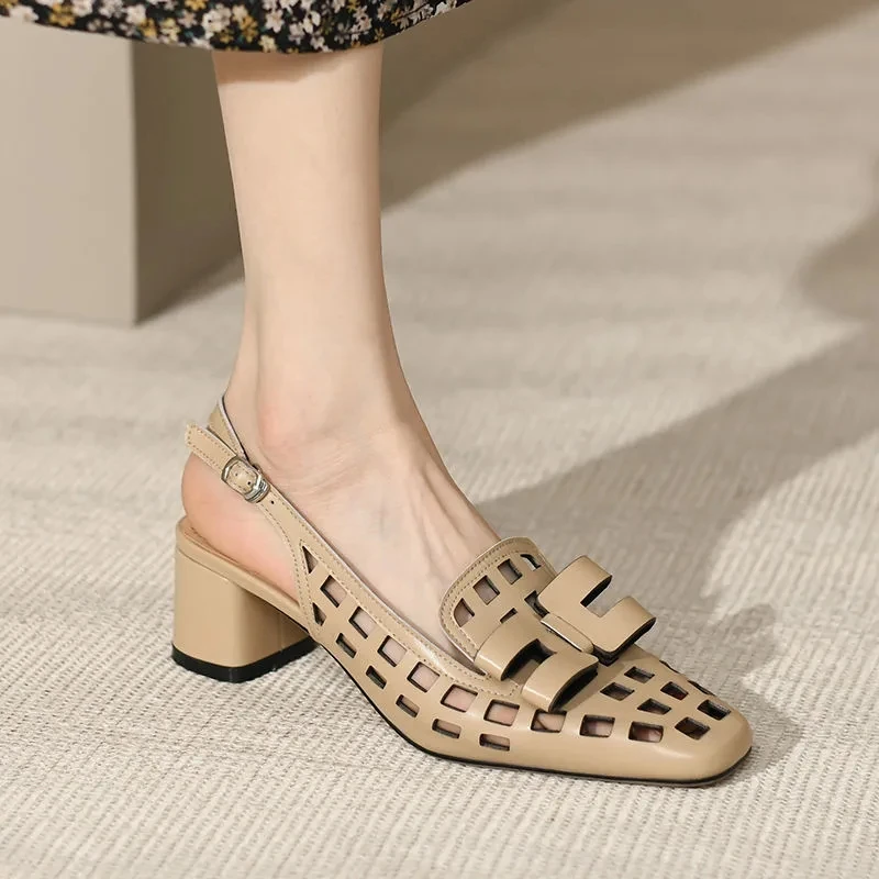 Black Square Head Hollow Women Sandals 2023 Fashion Buckle Strap Non-slip Shoes Vintage Comfor High Heels Roman Party Chaussure