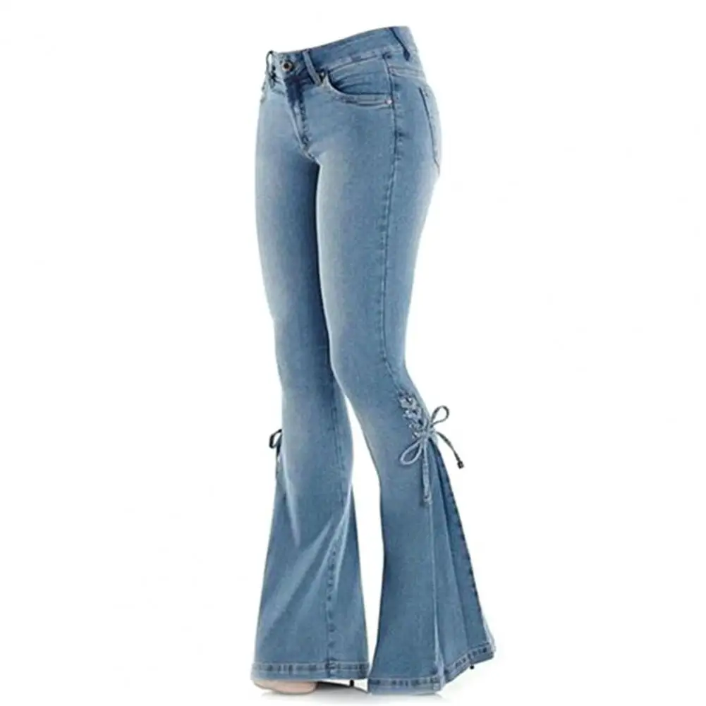 Mid Waisted Stretch Flare Jeans Women Denim Pants Wide Leg Butt-lifted Casual Korean Style Skinny Bell Bottom Pocket Pantalones
