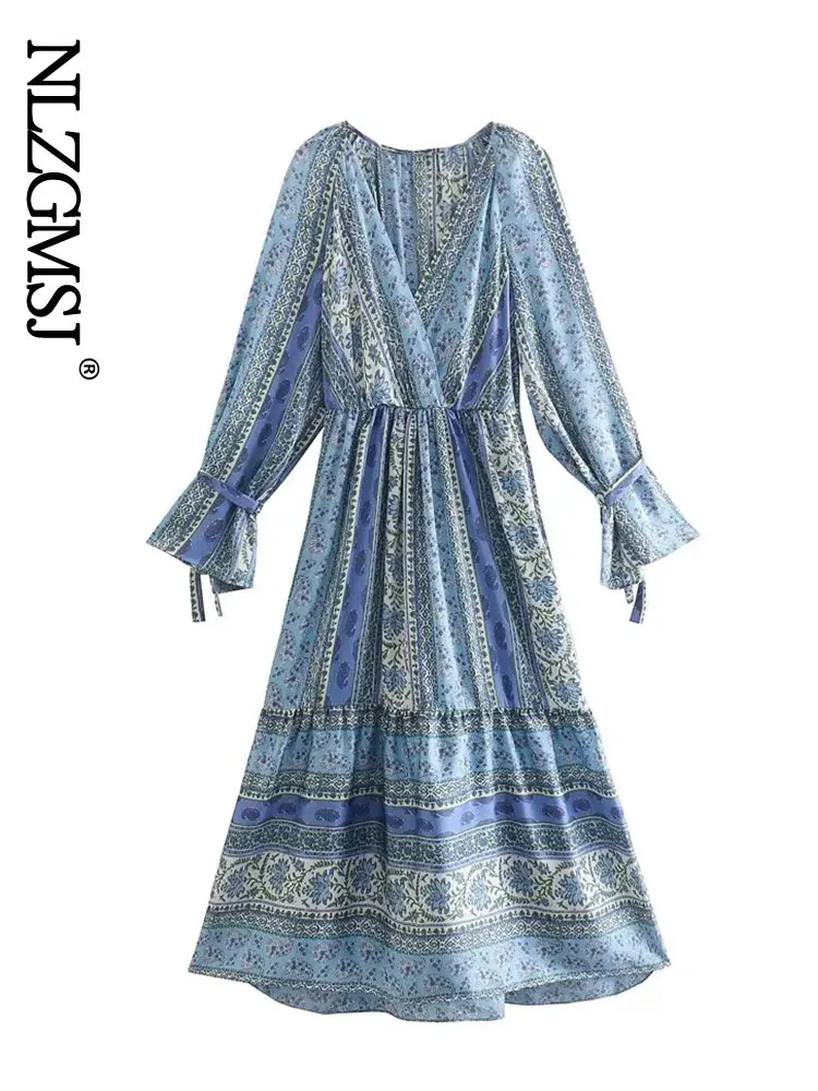 

Nlzgmsj ZBZA 2022 Boho Ruffle Print V Neck Midi Dress Summer Long Sleeve Slim Holiday Beach Dresses For Women 202203