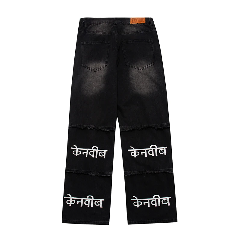 

Retro Frayed Ripped Washed Black Jeans for Men and Women Back Letter Embroidery Straight Casual Denim Trousers Oversized
