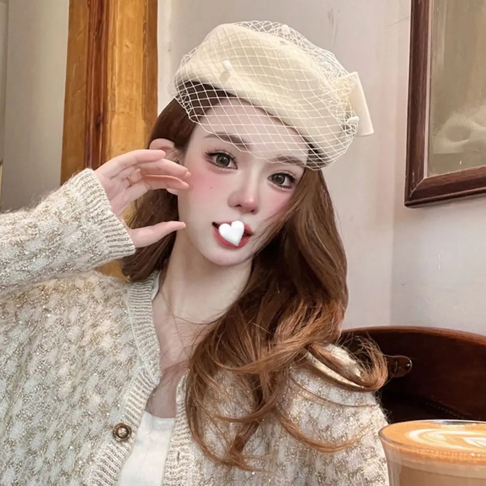 Модная шерстяная шляпа с бантом в британском стиле и вуалью элегантная милая