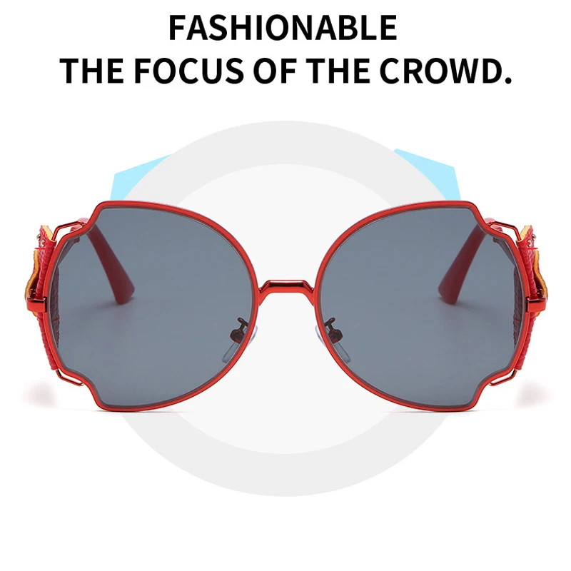 

Fashion Red Frame Steampunk Sunglasses Women Unisex Leather Metal Irregular Big Sun Glasses Designer Shades ladies Tinted Lens