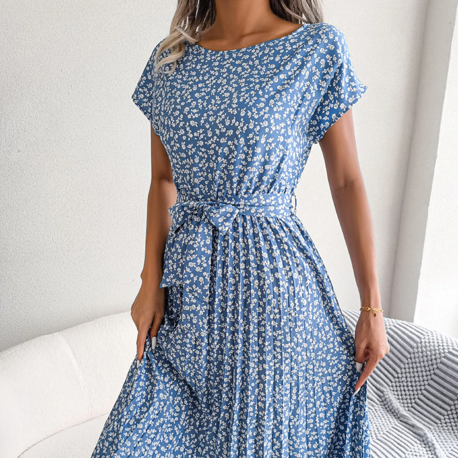 

Spring Summer Female Loose Dress Lace-up Floral Print Vestidos Large Swing Fashion Exquisite Elegant Pleated for Cocktail Party