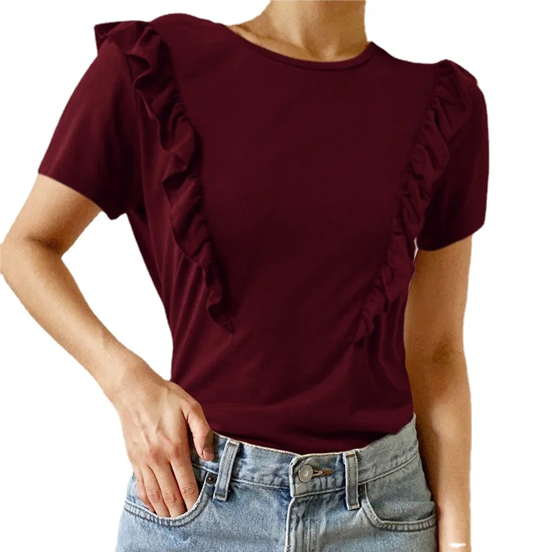 

Женская свободная футболка, повседневная Однотонная футболка с круглым вырезом и коротким рукавом, весна-лето 2022