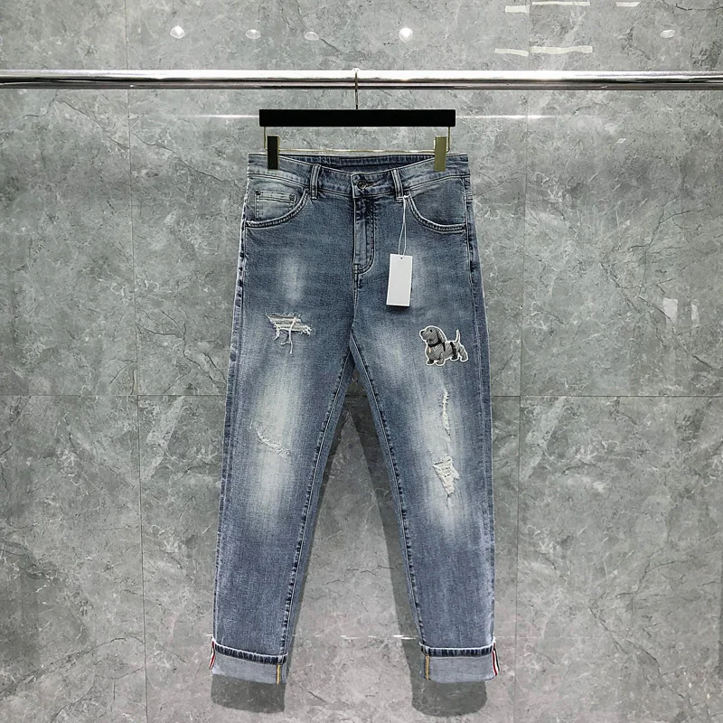

Men's Cropped Trousers THOM Light Blue Stretch Ripped Distressed Harem Pants Ankle Length Vintage Korean Style TB Jeans