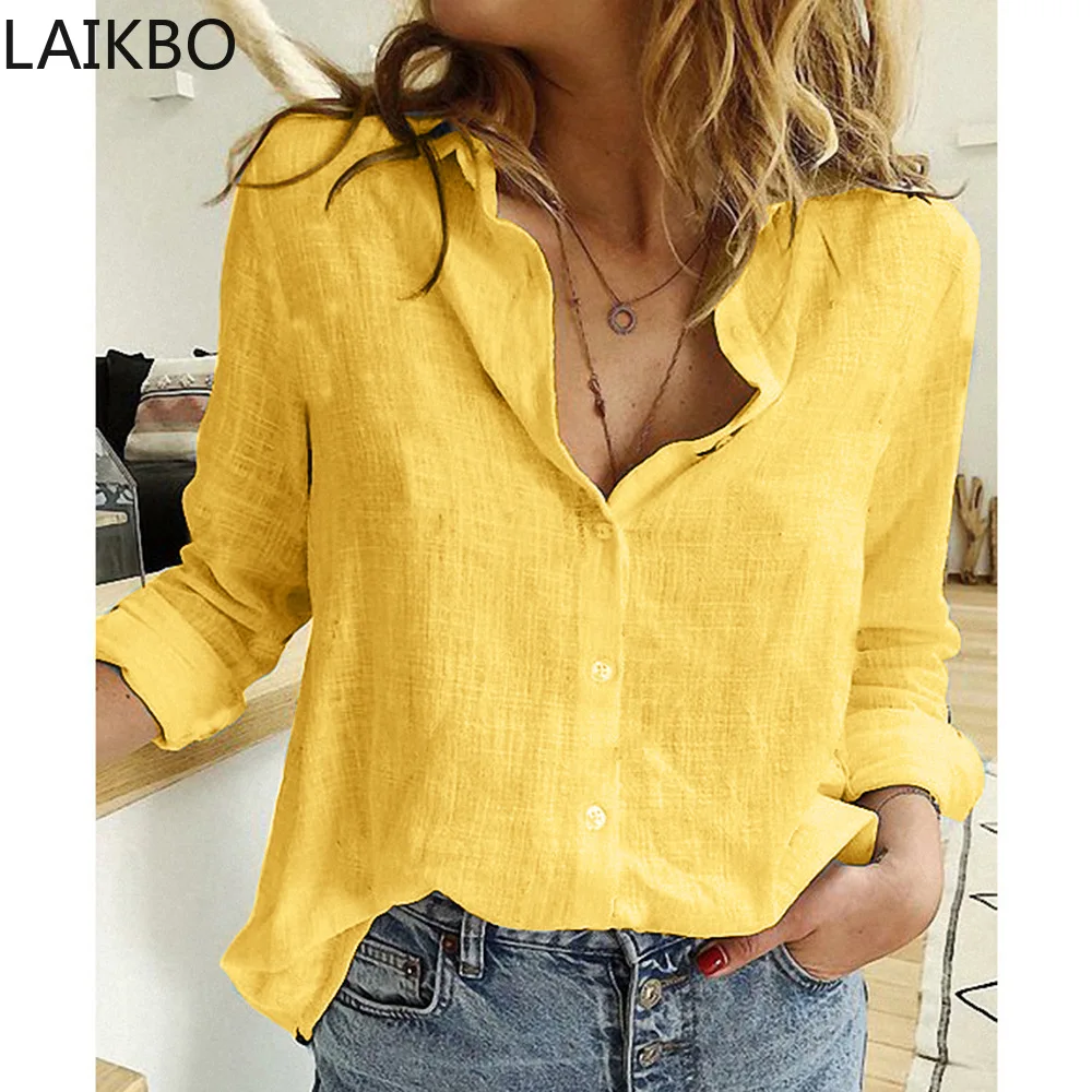 

Leisure White Yellow Shirts Button Lapel Cardigan Top Lady Loose Long Sleeve Oversized Shirt Womens Blouses Autumn Blusas Mujer