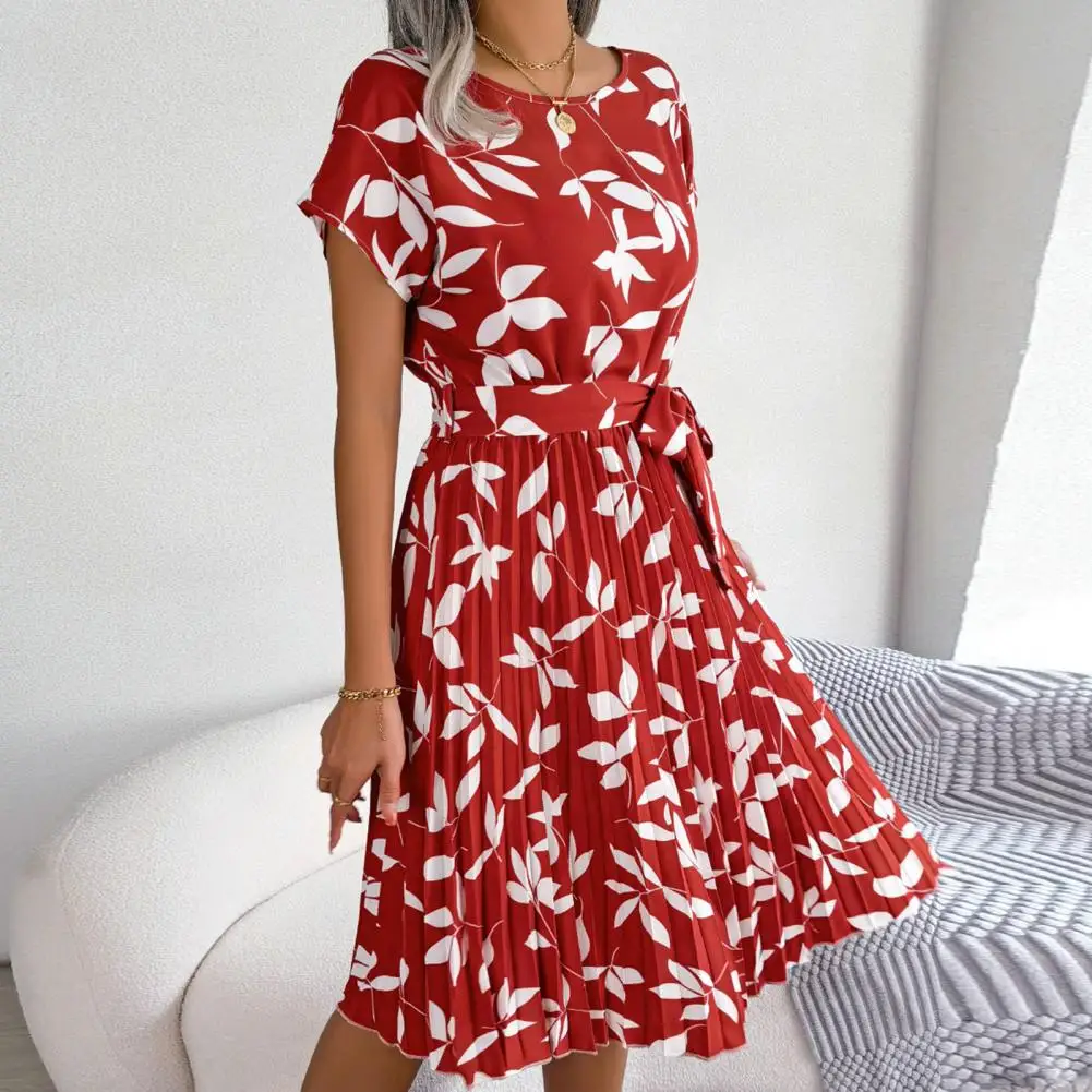 

Women Midi Dress Contrast Color Floral Print Big Swing Loose Dress Summer Fashion Round Neck Pleated Knee Length Female Dress
