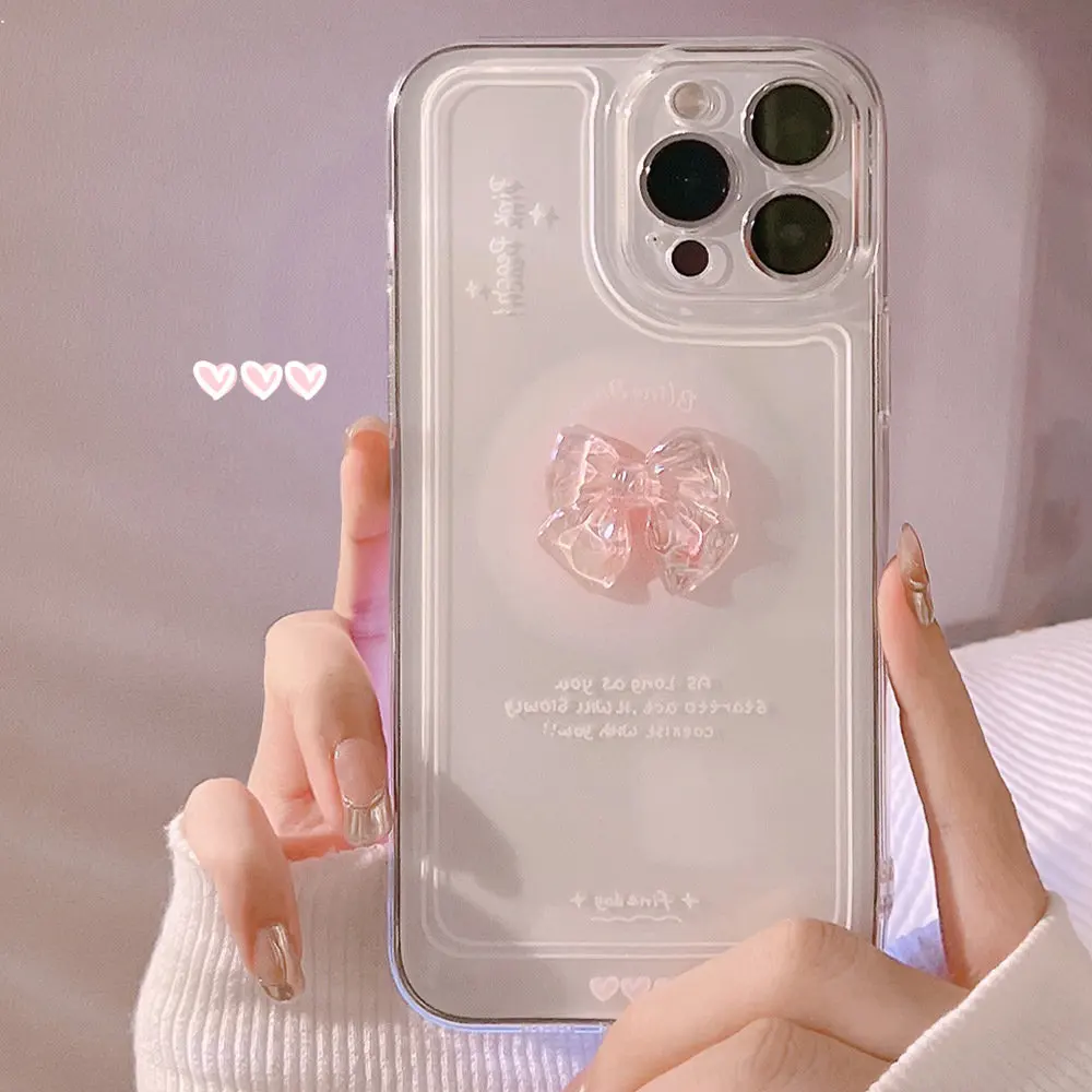 

Lovely 3D Crystal Bow-knot Transparent Phone Case for iPhone 14 13 12 11 Pro Mini XS Max 8 7 Plus X SE 2020 XR Shockproof Cover
