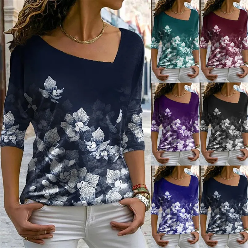 

2022 European and American autumn new women's long sleeve loose pullover bottom printed shirt