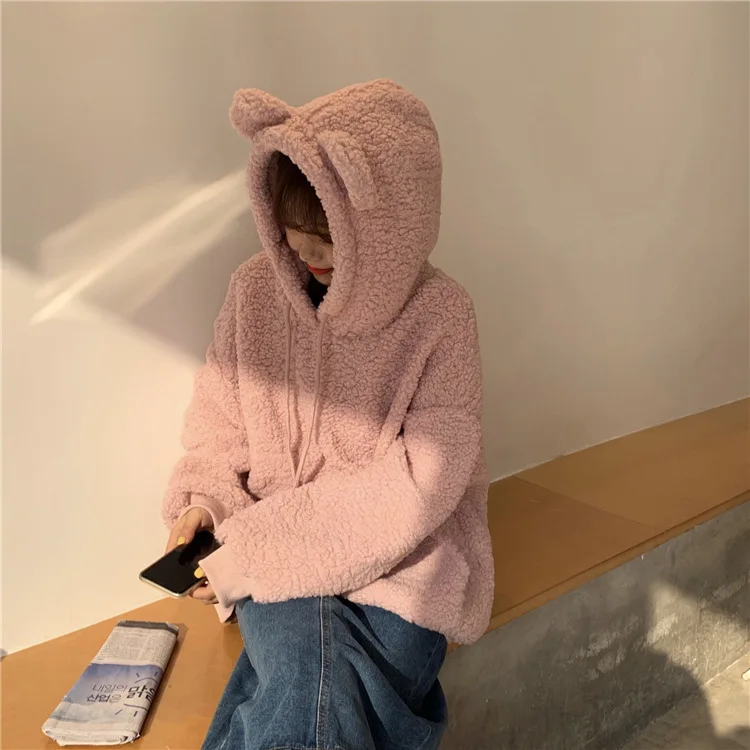 Autumn Winter Casual Lamb Fleece  Jacket Cute  Kawaii Girl Little Bear Ears Cute Girl's Coats Loose Long Sleeve Sweater Women's