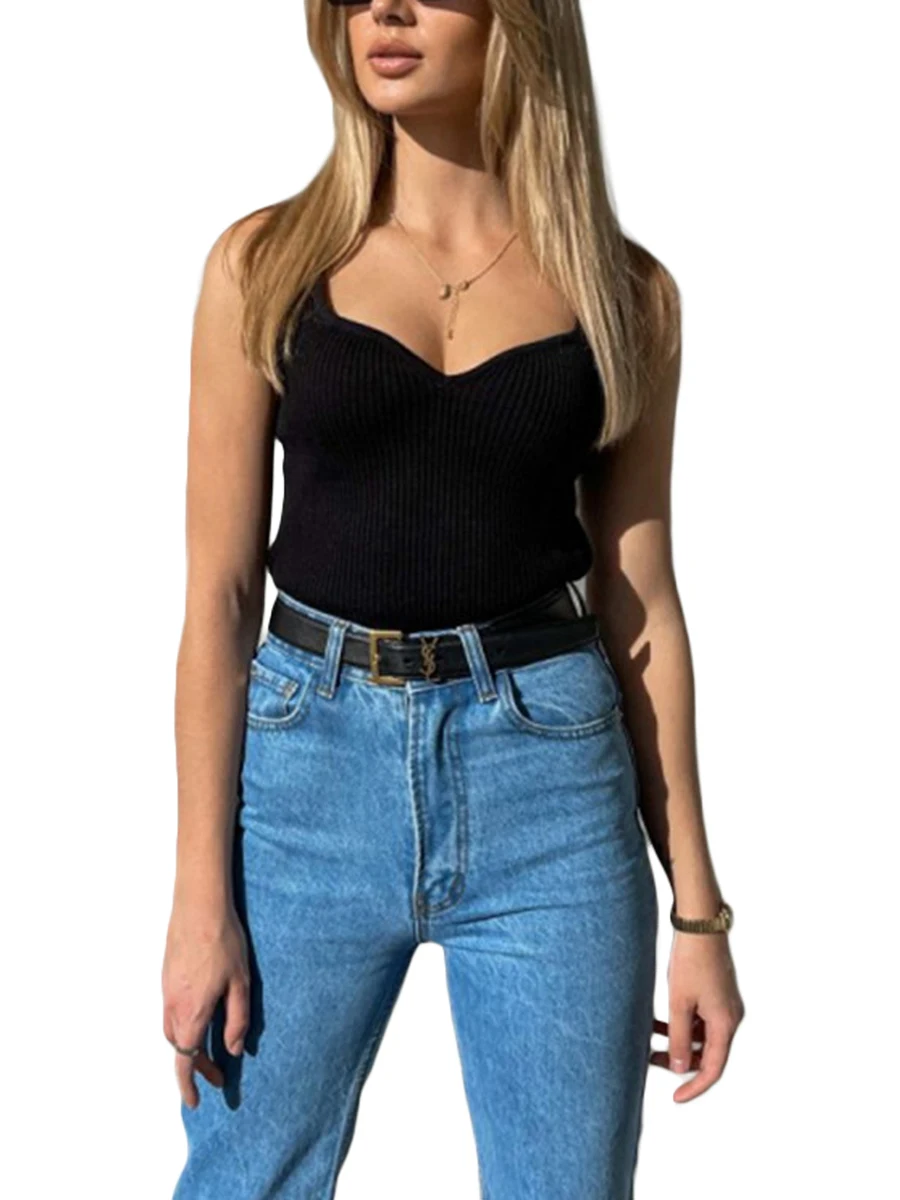 

Women Knit Tank Top Sleeveless Sweetheart Neck Solid Color Slim Fit Basic Vest Top Clubwear