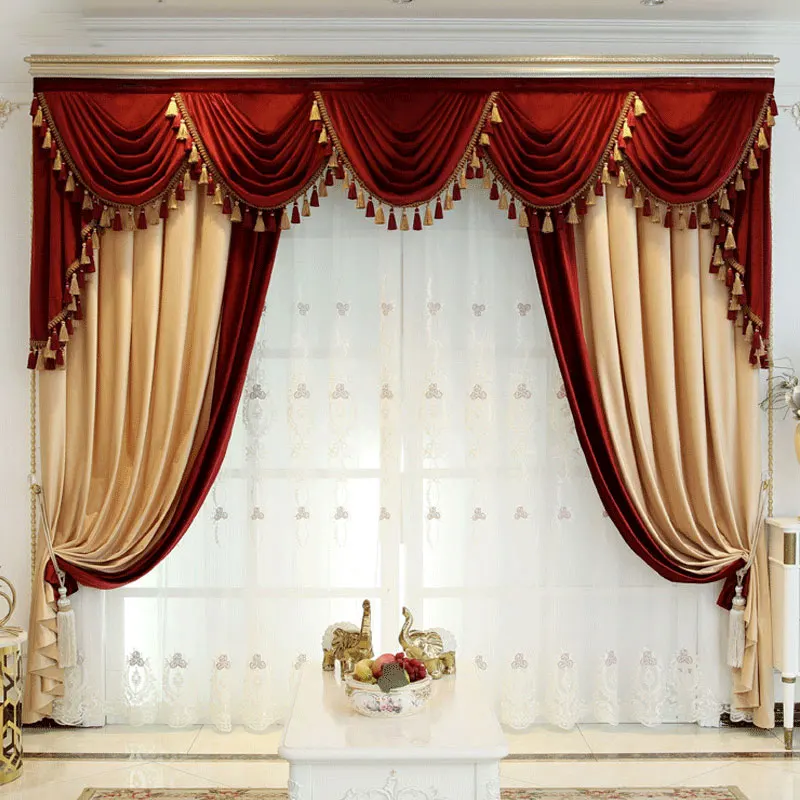 Custom Thick Curtains for Living Room Bedroom Villa Luxury Shading Velvet Yellow Red Cloth Window Blackout Valance Tulle Panel