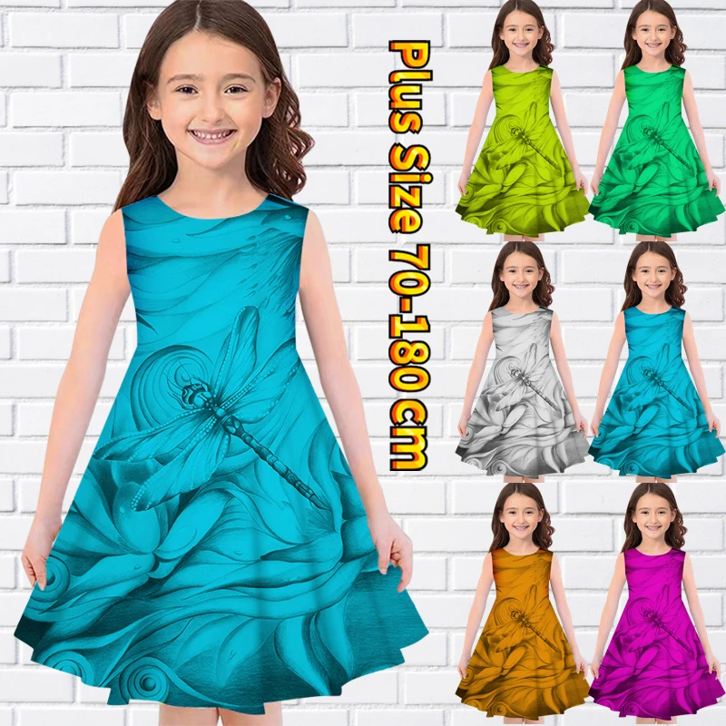 

Милая юбка миди для маленькой девочки, летнее платье без рукавов с круглым вырезом, вечернее платье свободного кроя, Юбка До Колена с принтом стрекозы