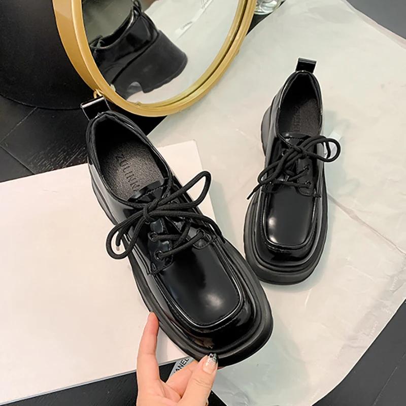 Fashion Design Platform Shoes Women Black Chunky High Heel Lace Up Casual Shoes Spring Autumn British Style Loafers Shoes Woman