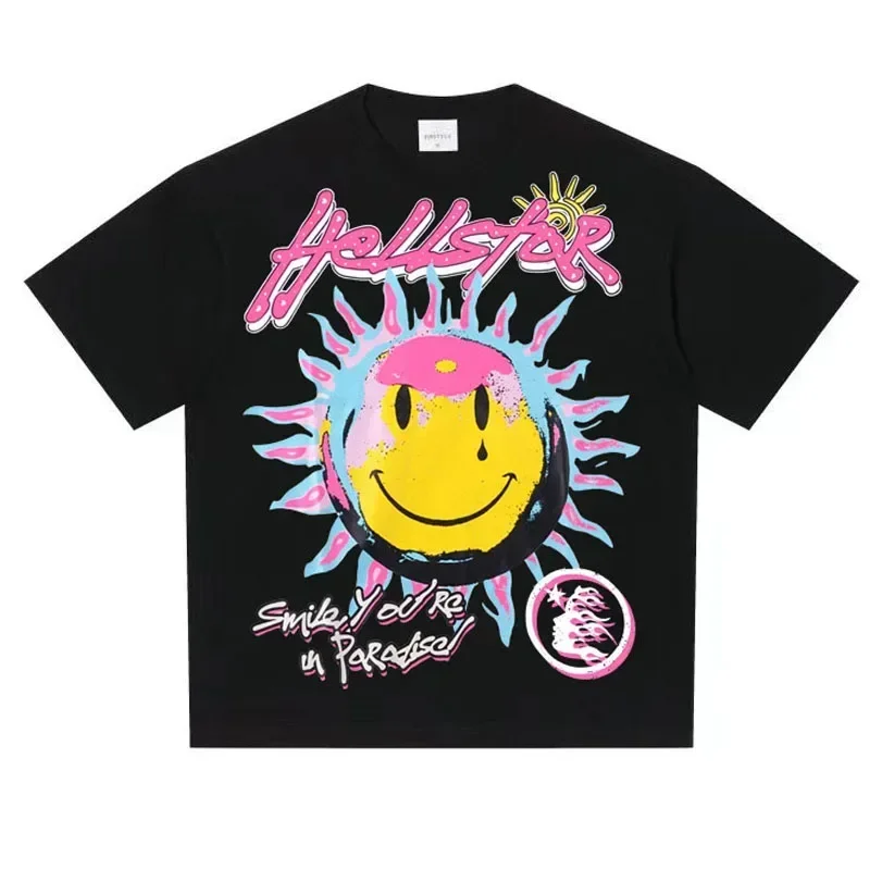 

Мужские и женские парные высококачественные хлопковые футболки Hellstar, американская уличная футболка с цветным принтом лица солнца, Повседневная футболка