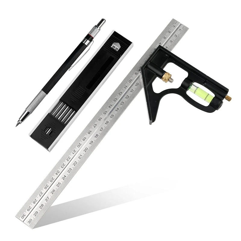 

300Mm Adjustable Stop Angle With Spirit Level For 45/90 Degree Measurements Ruler Mechanical Pencil With 10 Refill