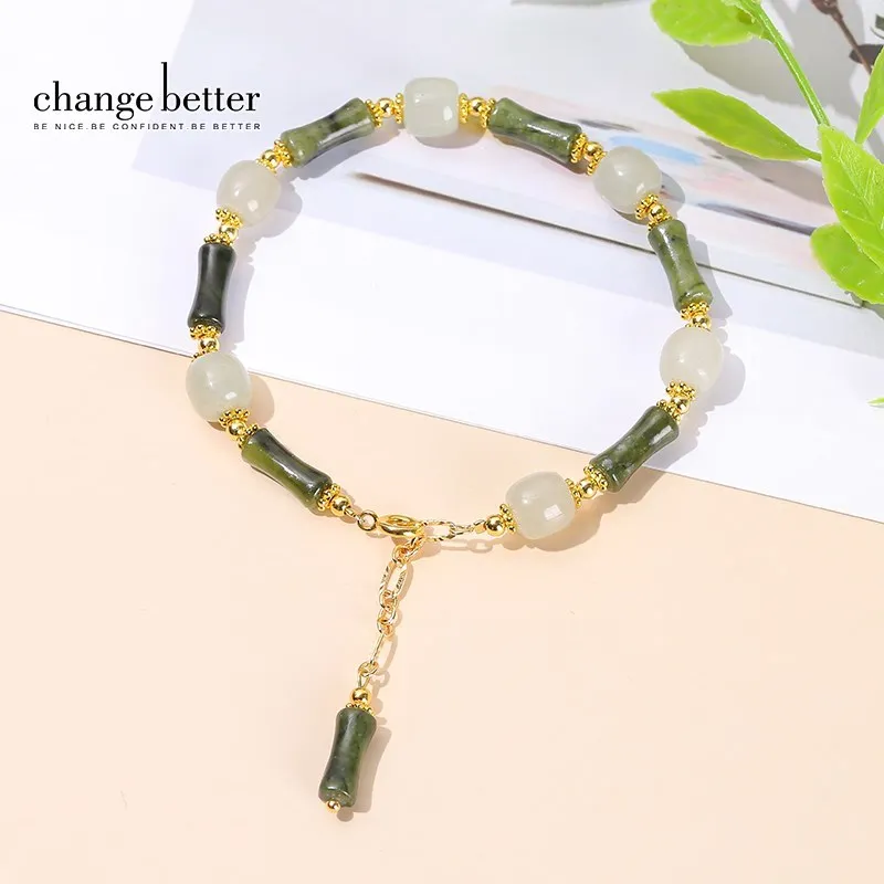 

Change Better Natural Southern Jade Bamboo Shape Lucky Bracelets Women Fashion Light Green Jade Reiki Thin Chain Wrist Bracelet