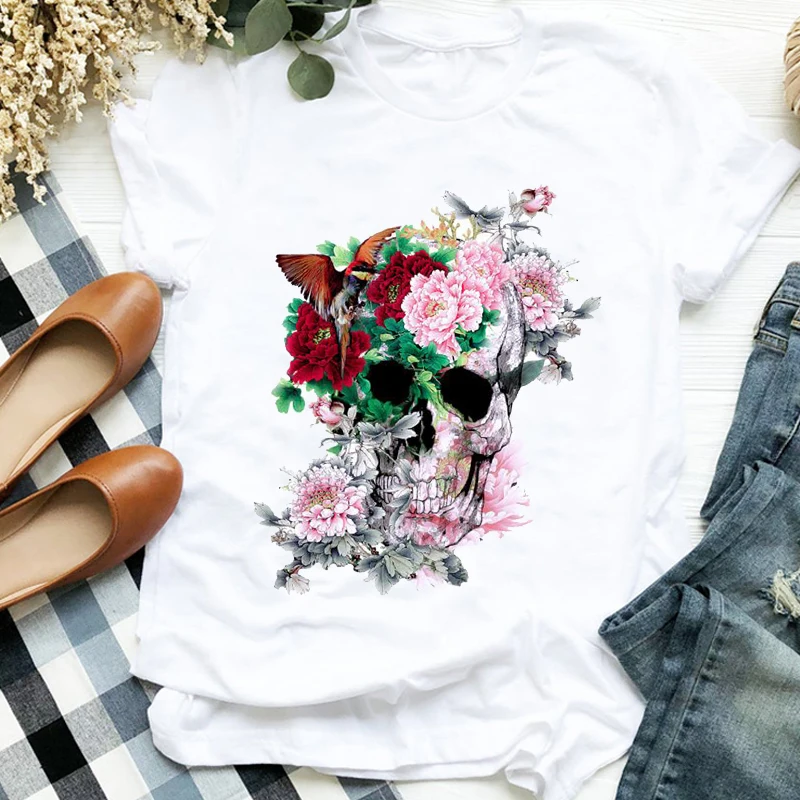 

Women Lady Floral Scary Cute Skull Fall Autumn Halloween Print Tshirt Nice T Tee Womens Shirt Pretty Top Graphic T-shirt