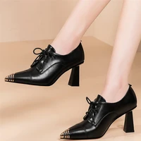 2022 shoes women lace up genuine leather high heel pumps female low top metal pointed toe wedding party ankle boots casual shoes