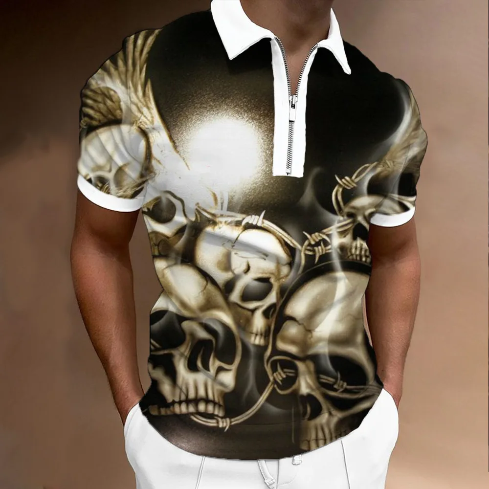

Men's High Clothing Polo Shirts 2022 Summer New Fashion Skull Print Casual Short Sleeve T Shirts Men's Lapel Zip Polo Shirts