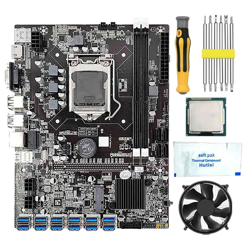 B75 BTC Mining Motherboard with G530/G630 CPU+CPU Fan+Thermal Grease+Screwdriver 12 USB3.0 Slot LGA1155 DDR3 RAM SATA3.0