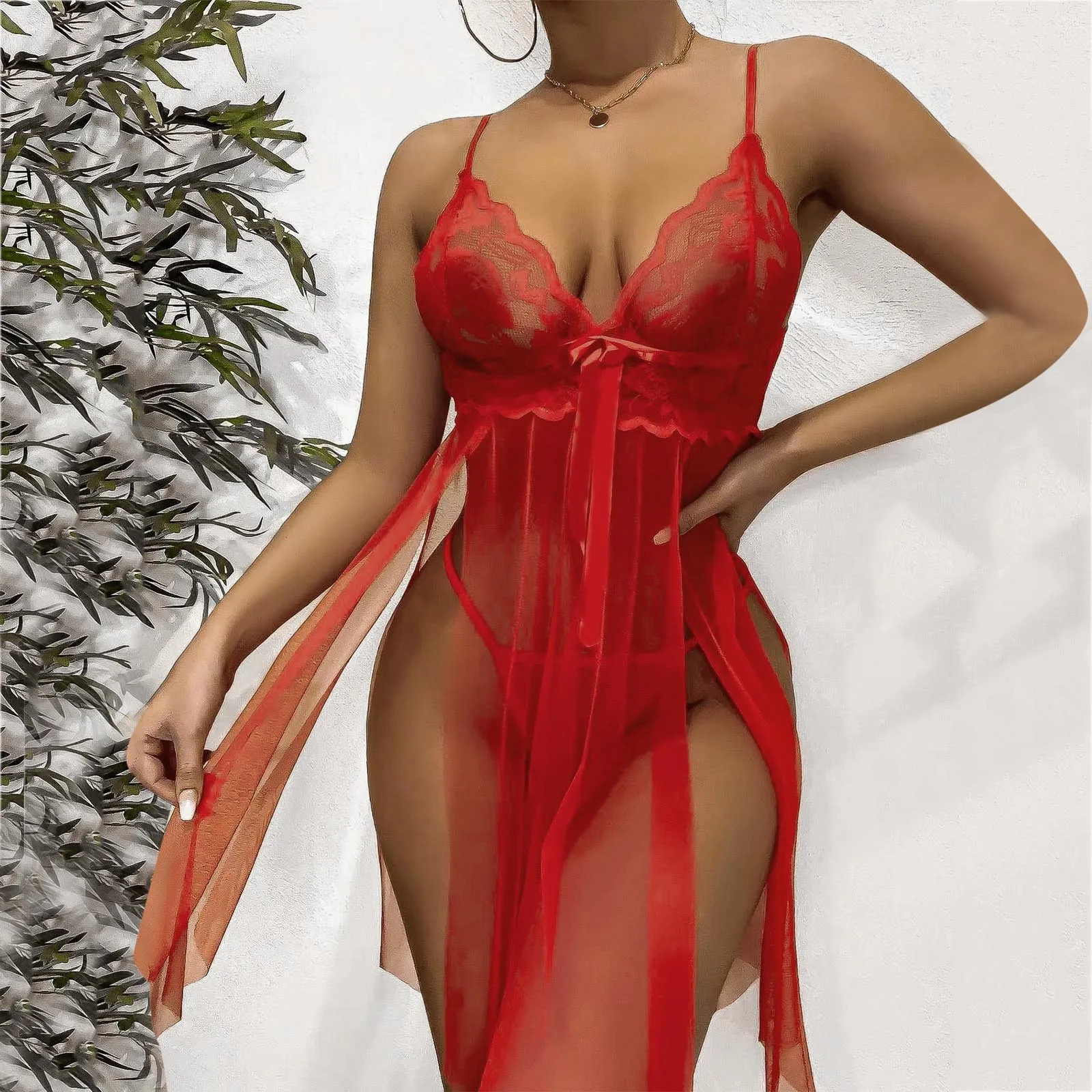 

Red Sleepwear Women's Underwear Perspective Lace Sexy Lingerie Sexy V-neck Sensual Lingerie Woman Sexy Erotic Dress Lenceria