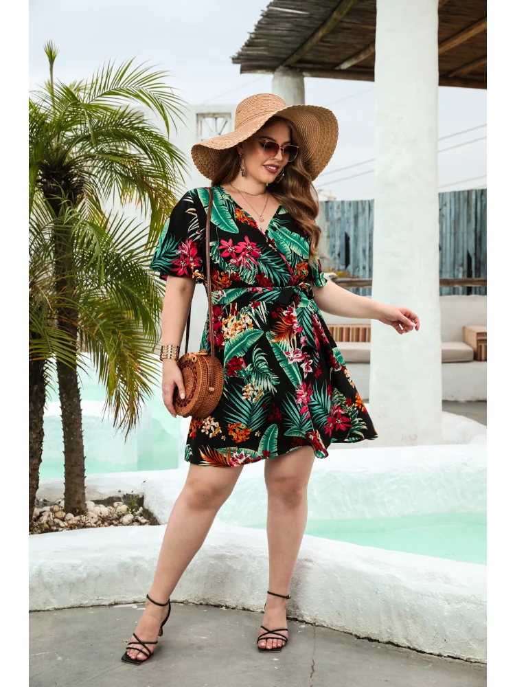 Flower Print Leisure Holiday Dress Bohemian Beach Tourism V-Neck Lace Dress Plus Size Women's Dress
