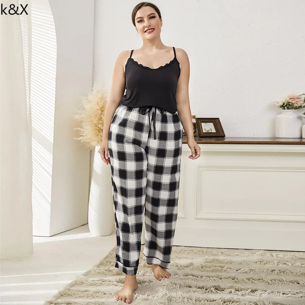 Pants Suit  Plus Size Two Piece Set 4xl Big Size Pyjamas Plaid Bottoms Sleep Wear Women Lace Cami Pajama Elastic Waist Pant Sets