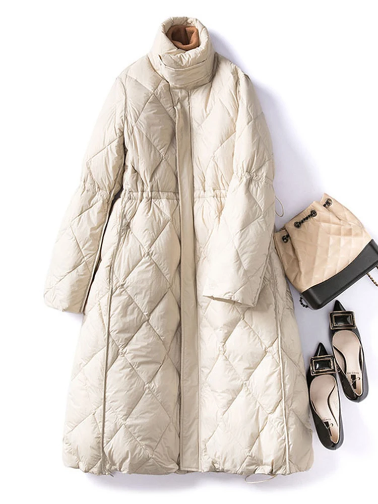 

Ailegogo New Autumn Winter Stand Collar Loose Long 90% White Duck Down Parka Casual Female Warm Ultra Light Down Coat Outwear