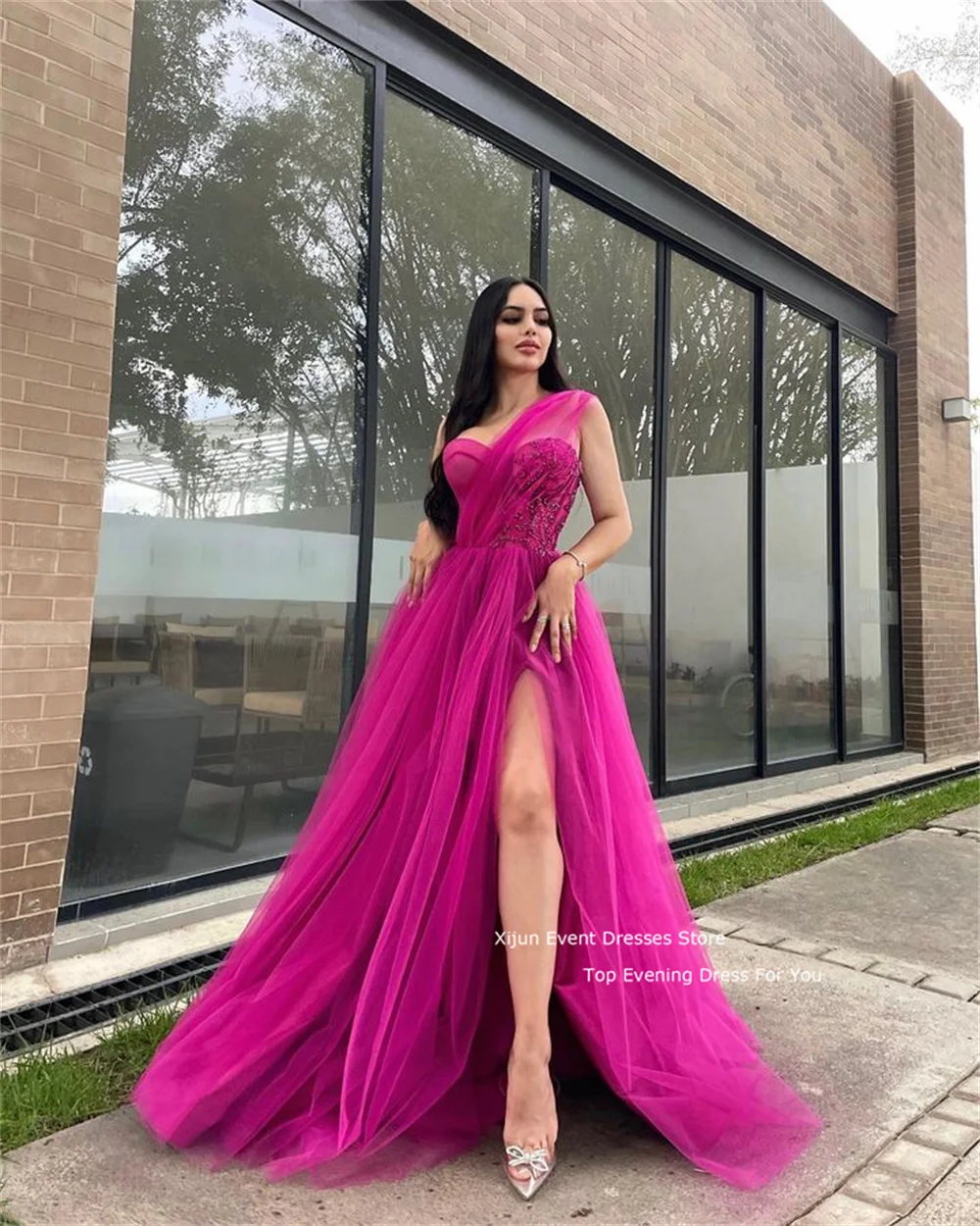 

Вечерние платья Verngo из тюля ярко-розового цвета, длинные платья на одно плечо для выпускного вечера, платья с высоким разрезом для выпускного вечера, платья для вечеринки 2023 для женщин