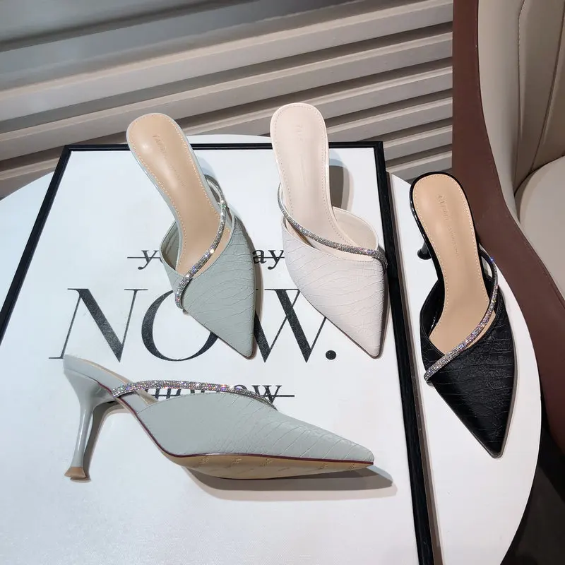 

Crystal Women Slipper Pointed Toe Slip On Ladies Casual Mules Shoes Shallow Elegant Thin High Heel Dress Sandals