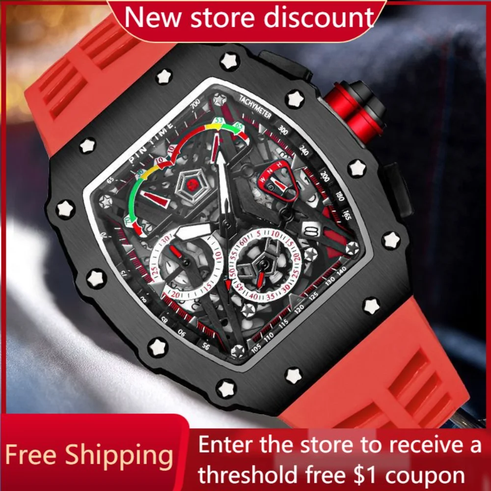 

Explosive Gift Men's Quartz Movement Hollowed Out Wine Cask Watch Timing Luminous Function Watch